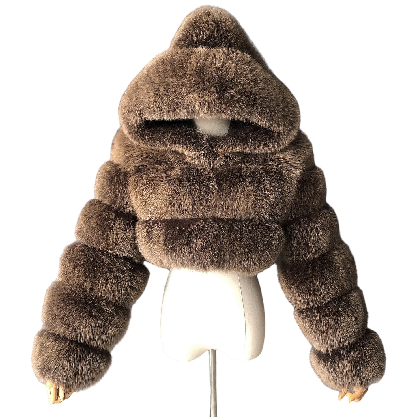 HOODED RIQUELLE CROP-COLLAR FOX FUR COAT