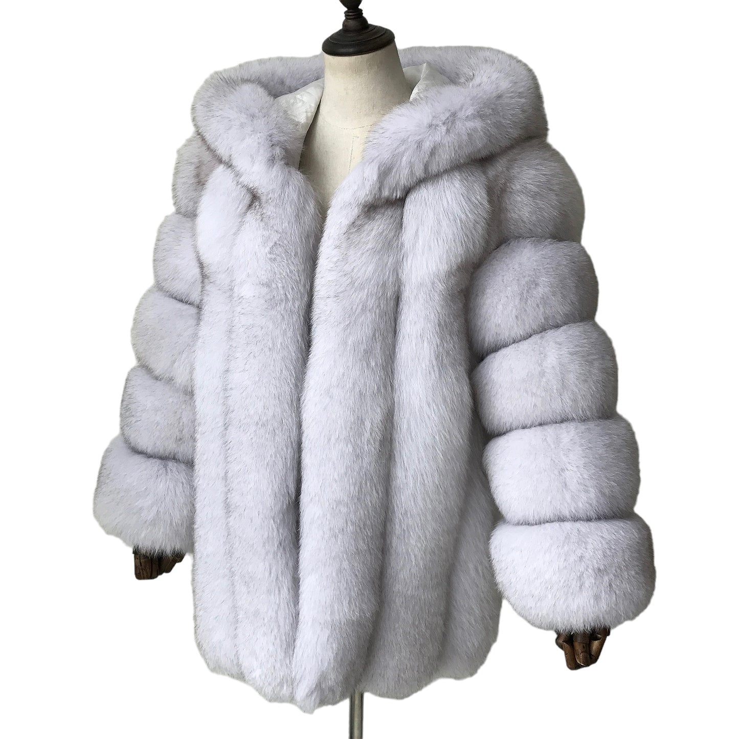 HOODED CLASSIC MID-LONG FOX FUR COAT