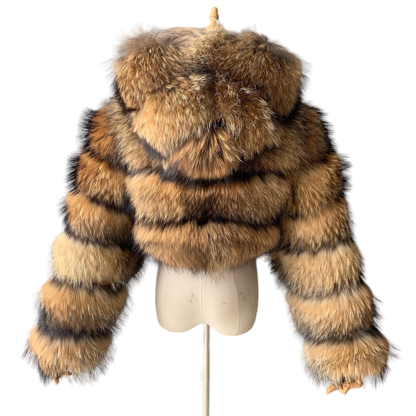 HOODED RIQUELLE CROP-COLLAR RACCOON FUR COAT