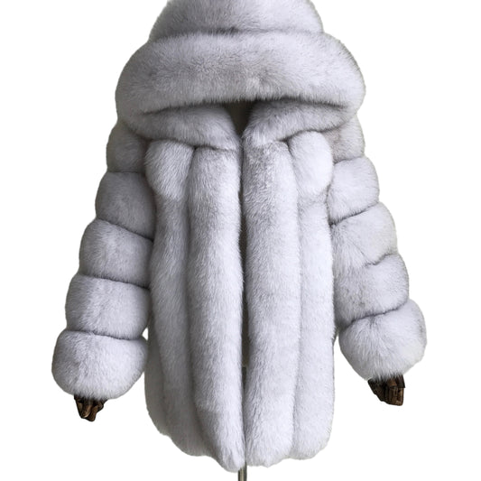 HOODED CLASSIC MID-LONG FOX FUR COAT